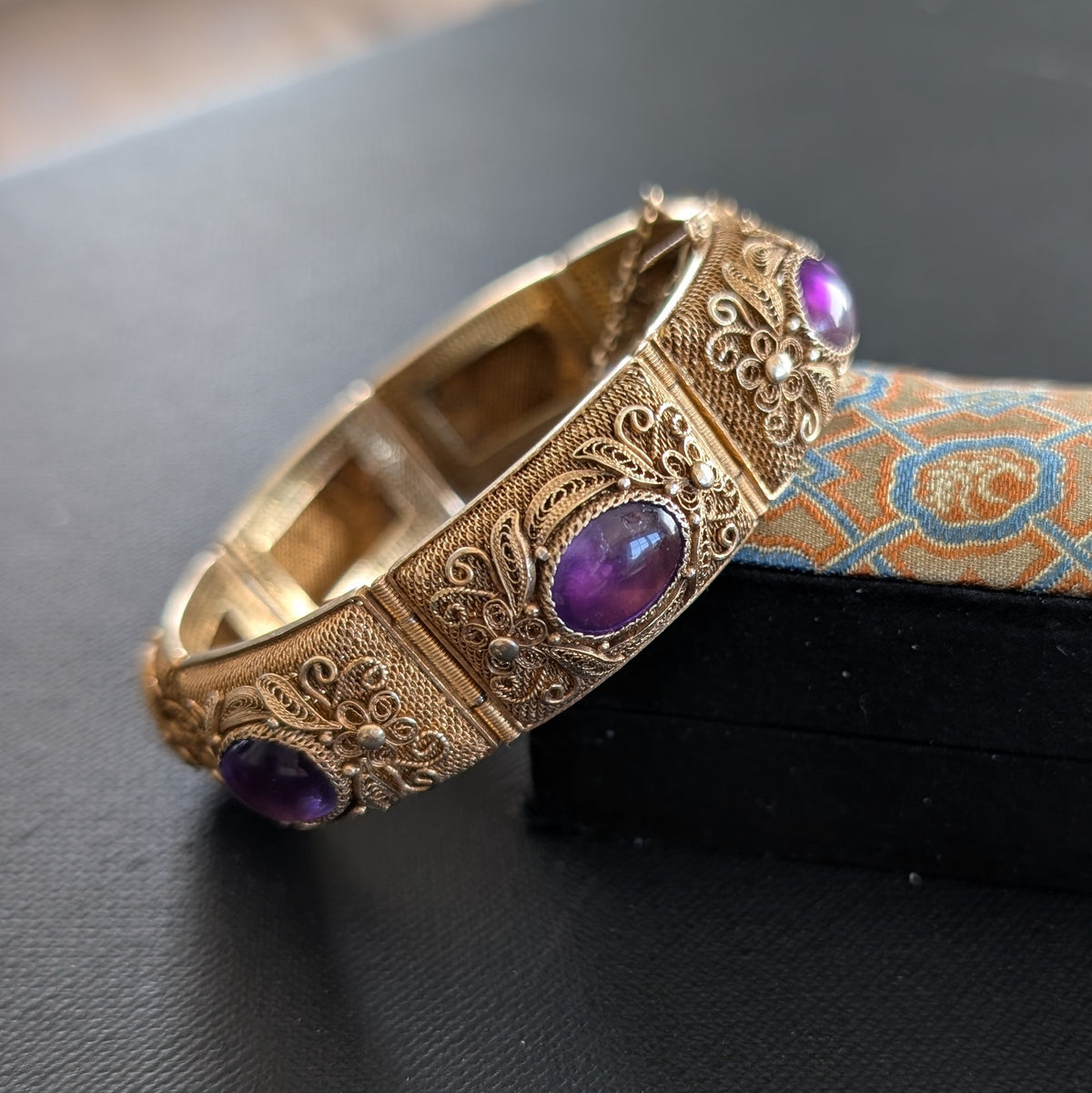 Chinese filigree handmade gilt silver filigree jewelry bracelet with amethyst stones #2972