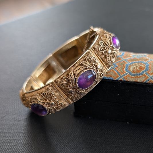 Chinese filigree handmade gilt silver filigree jewelry bracelet with amethyst stones #2972