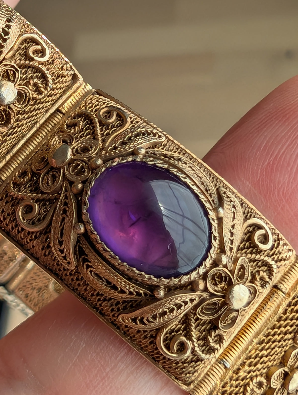 Chinese filigree handmade gilt silver filigree jewelry bracelet with amethyst stones #2972