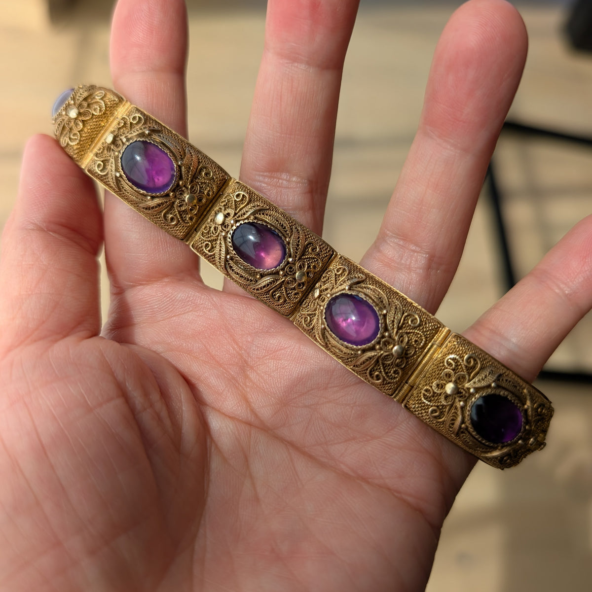 Chinese filigree handmade gilt silver filigree jewelry bracelet with amethyst stones #2972