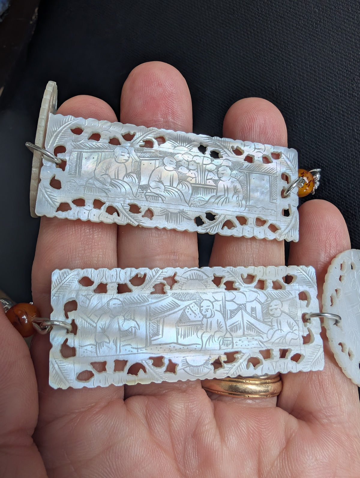 Unique design earrings with antique Chinese mother of pearl gaming counters chips tokens #2989