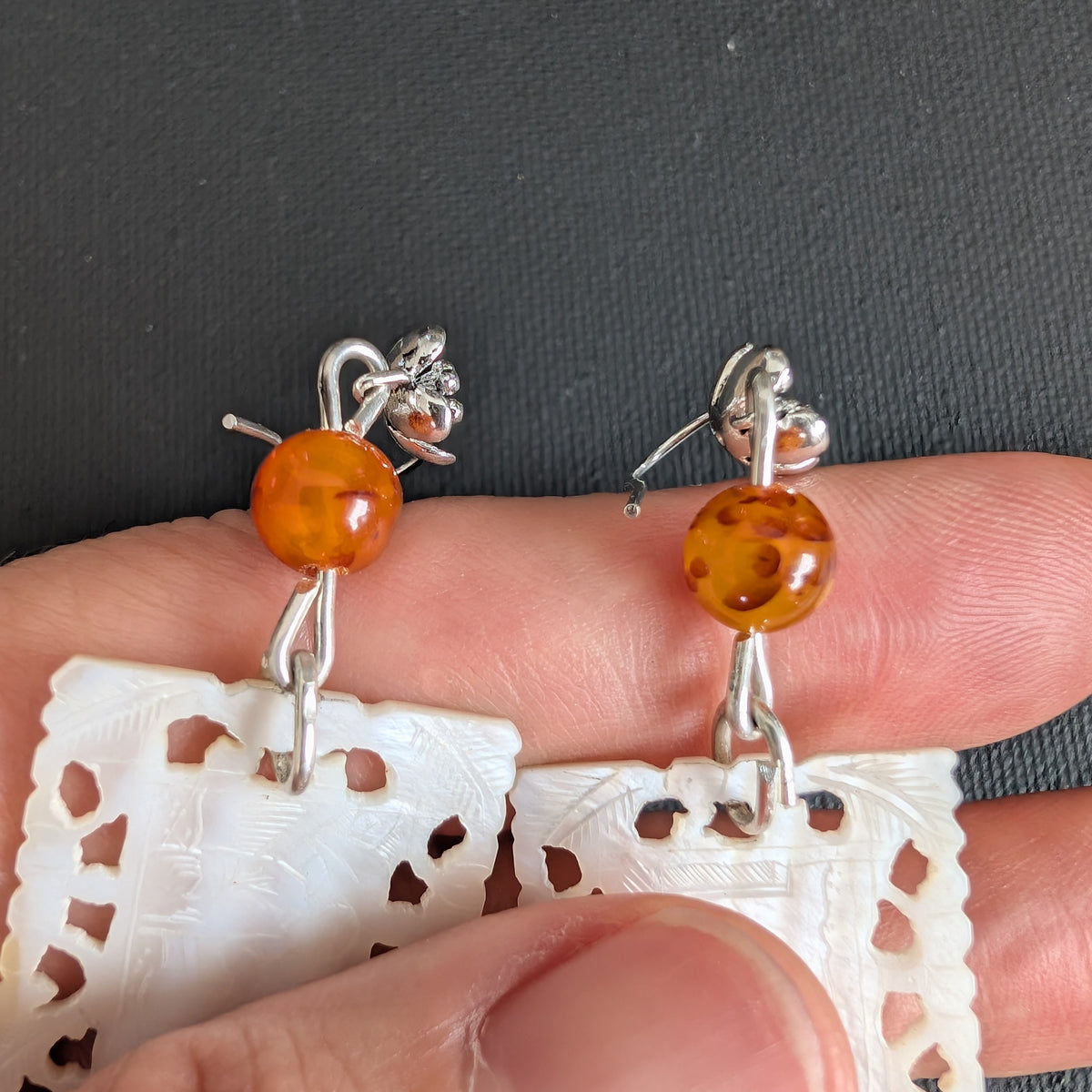 Unique design earrings with antique Chinese mother of pearl gaming counters chips tokens #2989