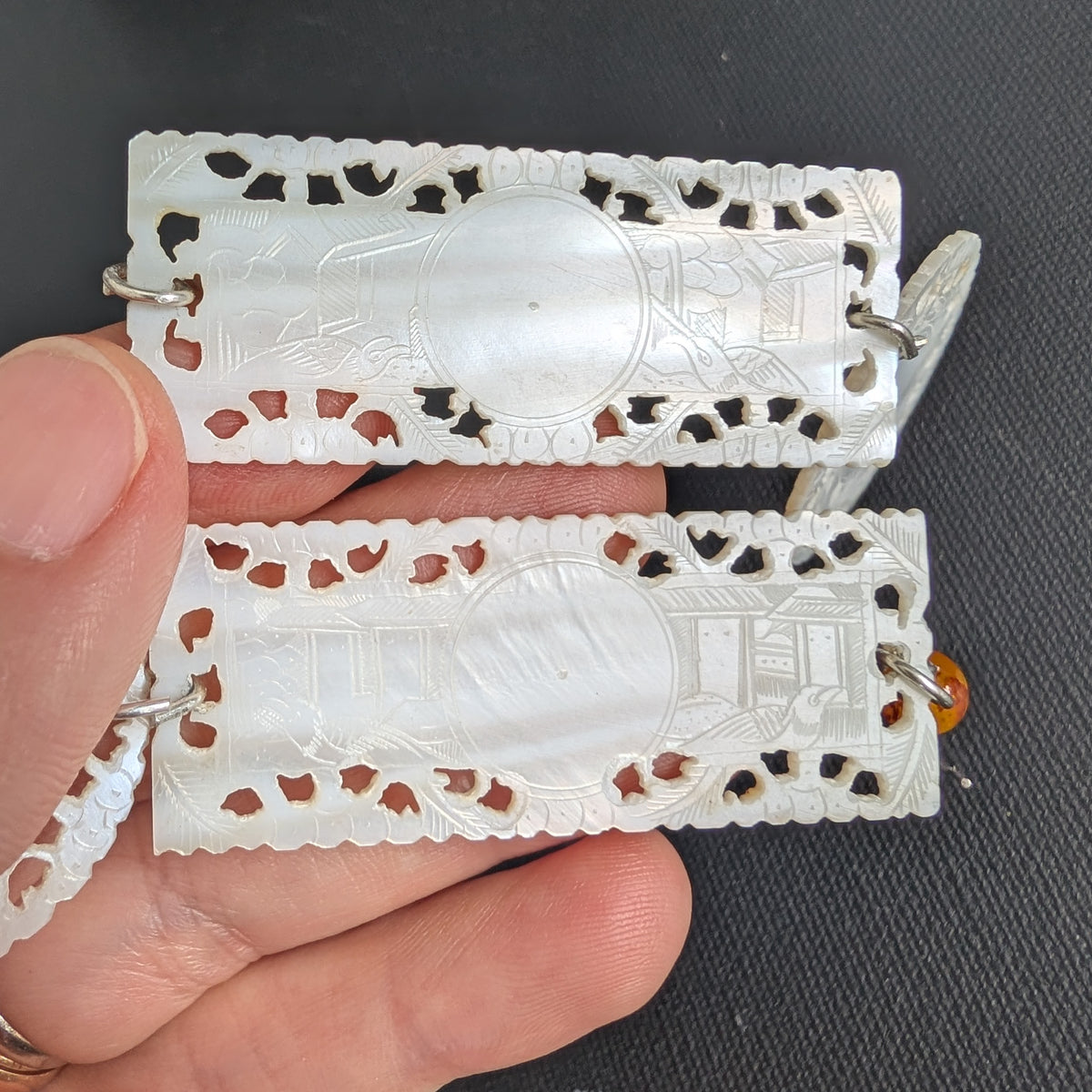 Unique design earrings with antique Chinese mother of pearl gaming counters chips tokens #2989