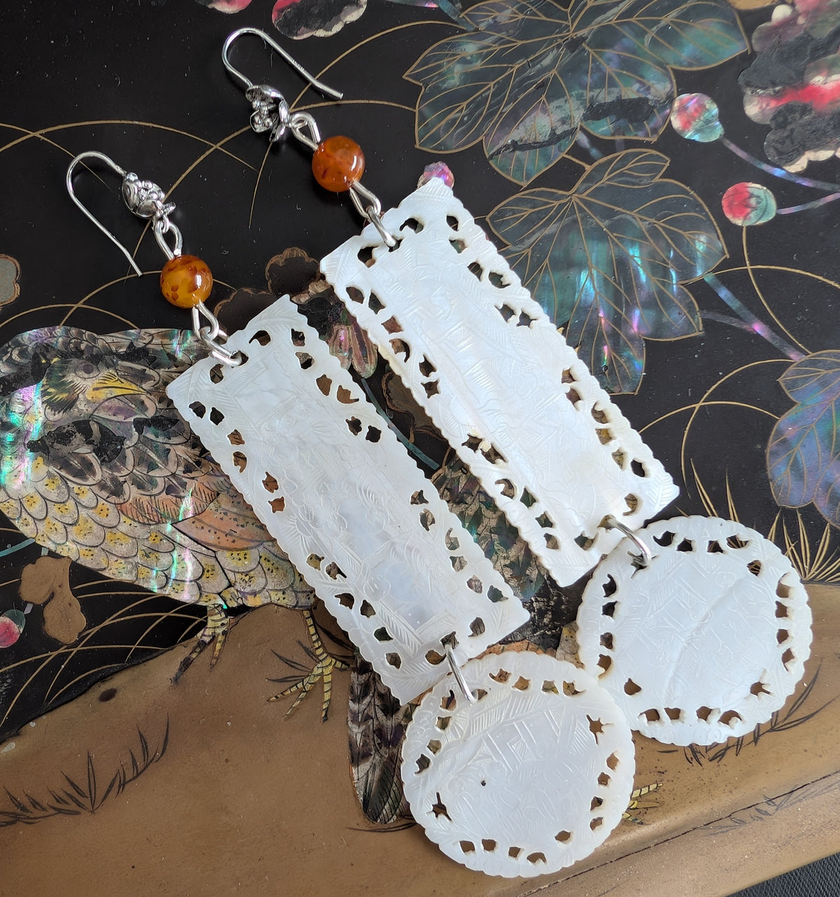 Unique design earrings with antique Chinese mother of pearl gaming counters chips tokens #2989