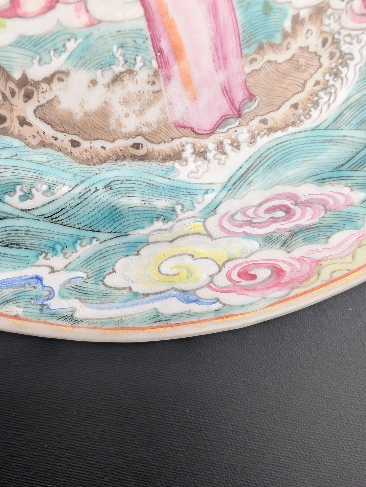 Chinese antique rose mandarin plate, 张骞乘槎赴天河, Jiaqing period #3038