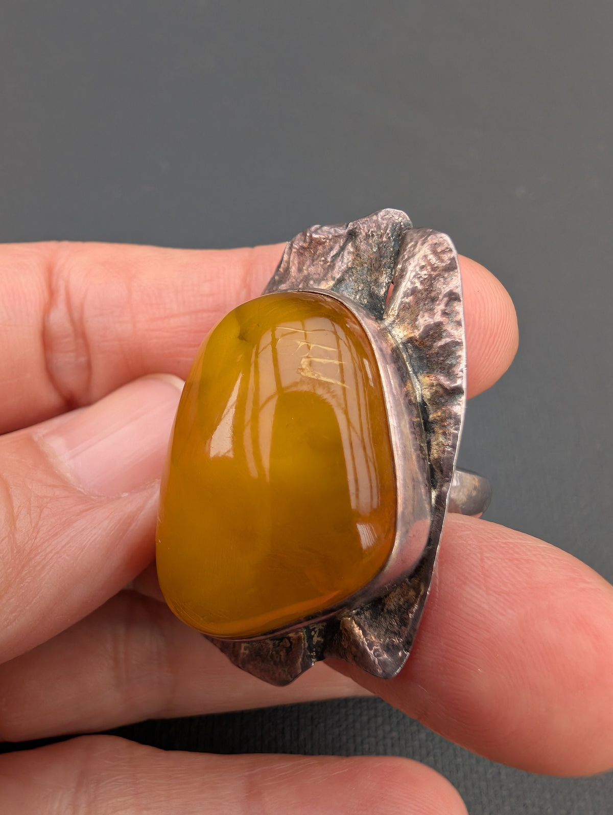 Vintage natural amber ring Danish design sterling silver #3055