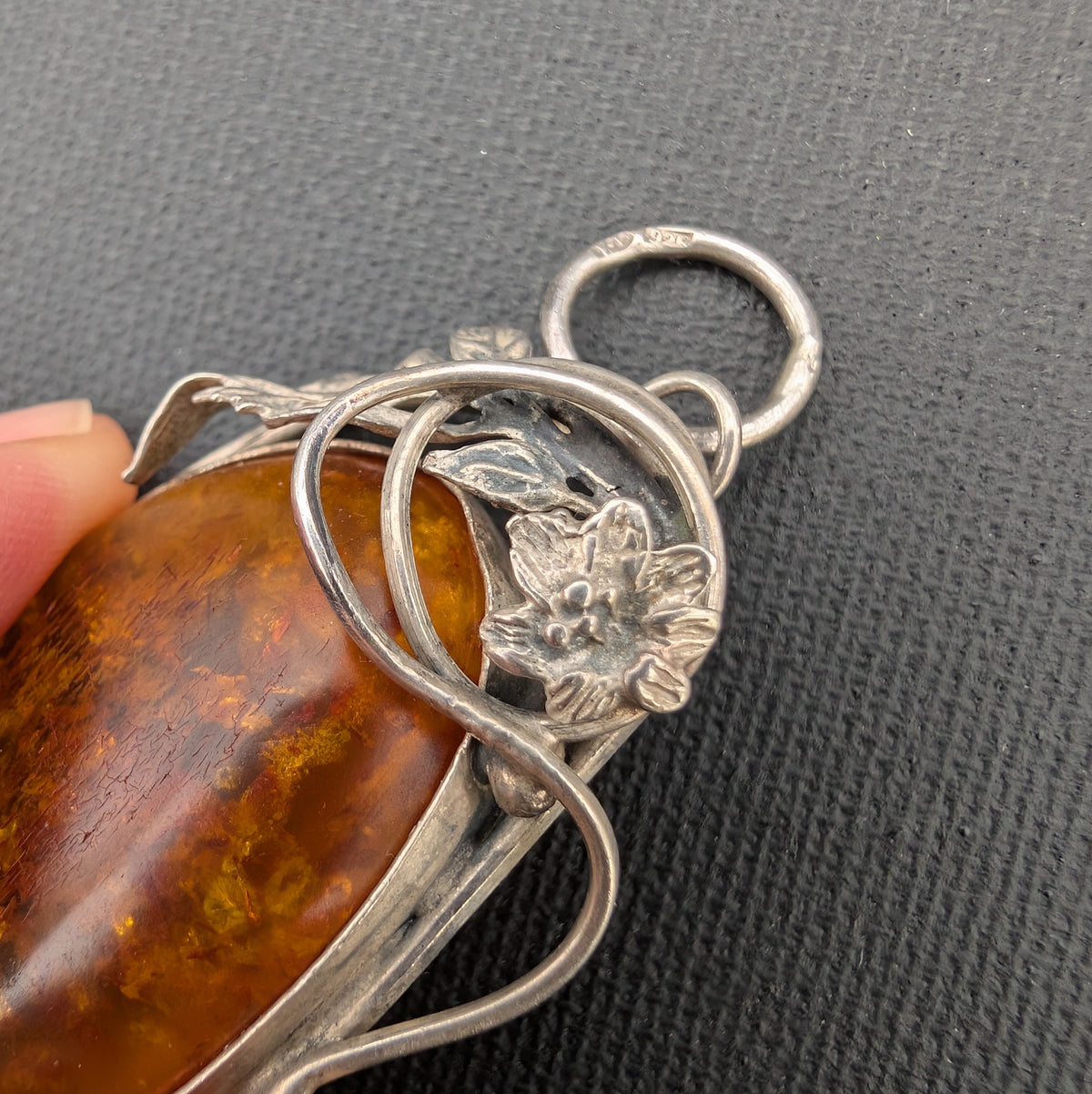 Vintage natural amber pendant Polish design sterling silver #3059