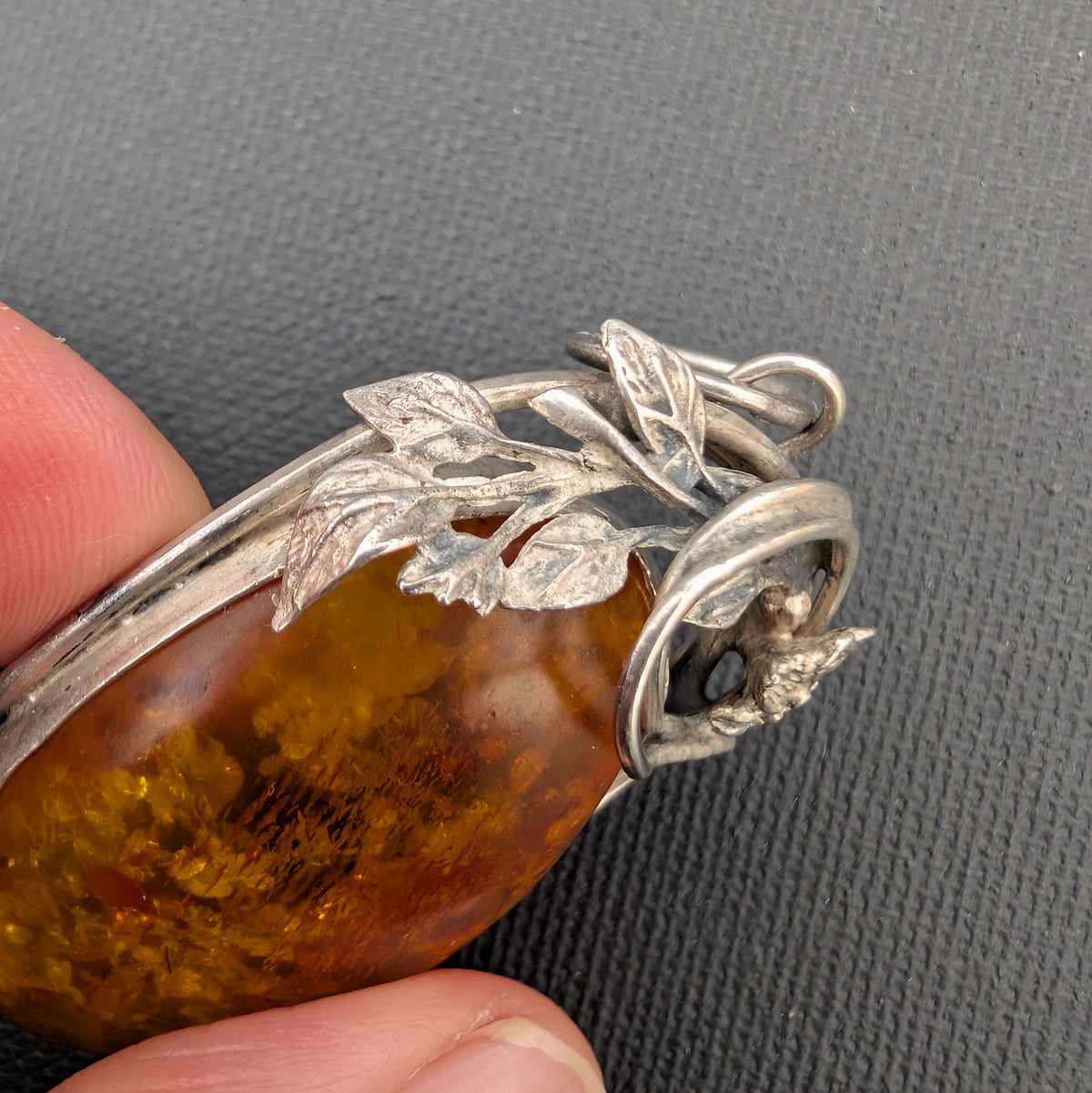 Vintage natural amber pendant Polish design sterling silver #3059