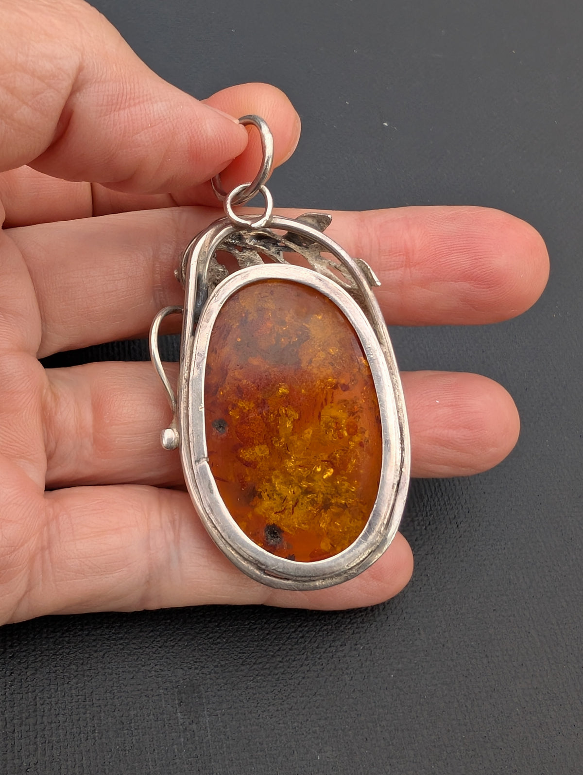 Vintage natural amber pendant Polish design sterling silver #3059