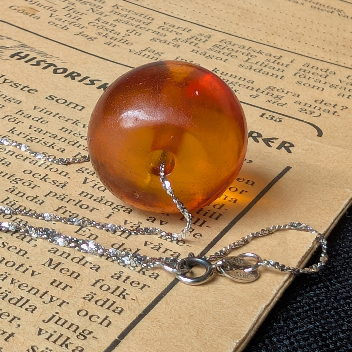 Antique natural amber pendant with sterling silver necklace #3065