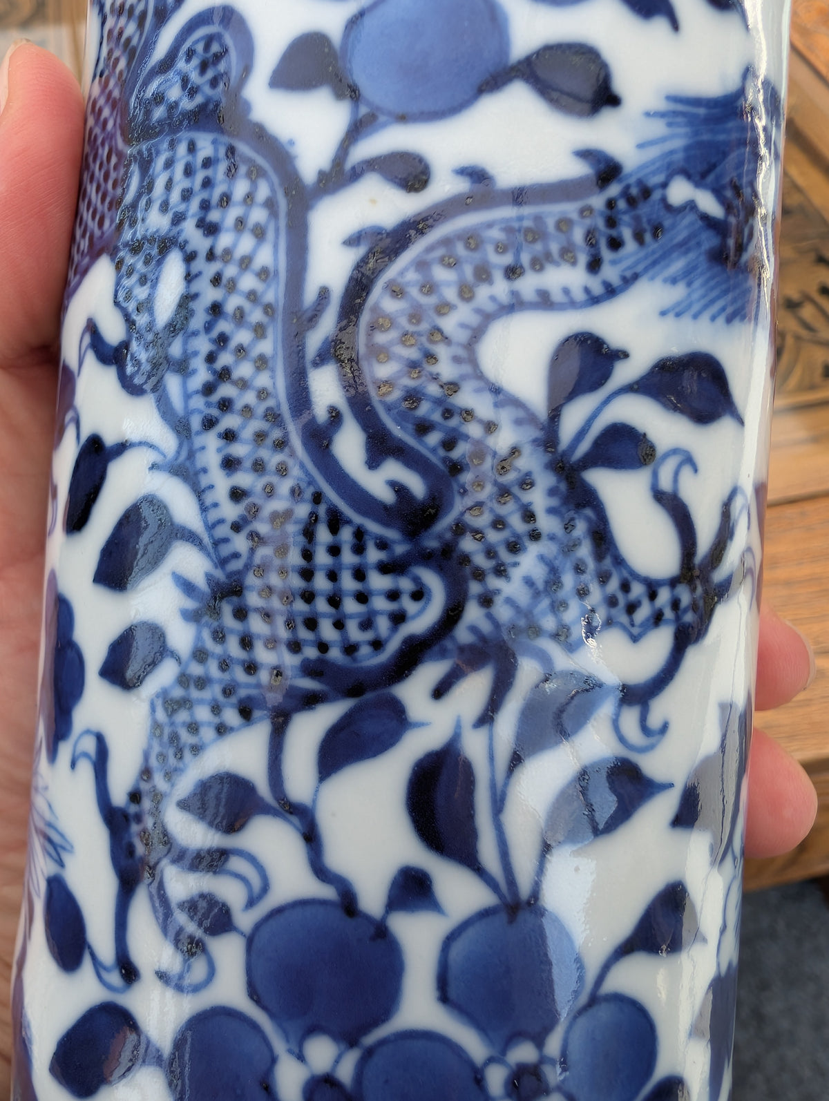 Chinese antique sleeve vase with double dragons, Late Qing #3075