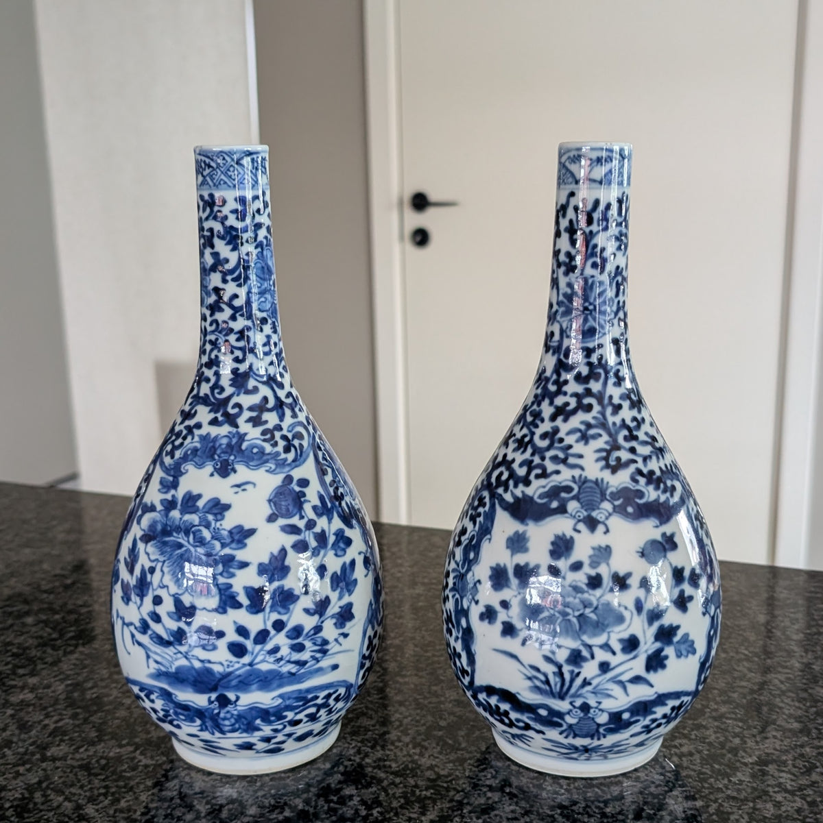 Chinese antique pair of underglazed blue and white bottle vases, Late Qing #3077, 3078