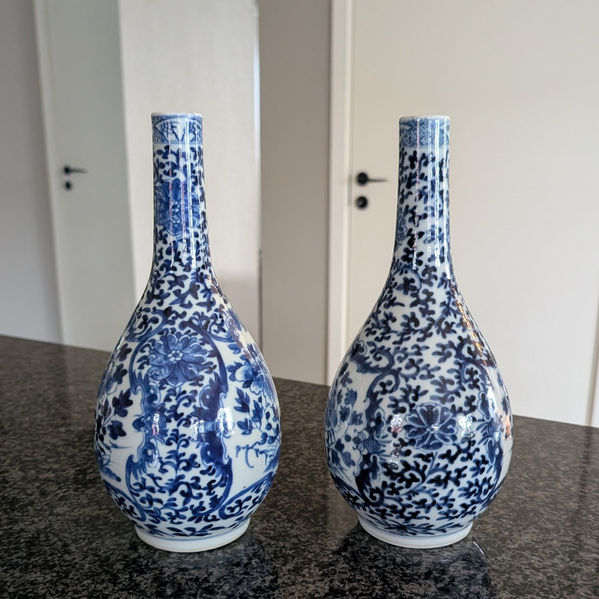 Chinese antique pair of underglazed blue and white bottle vases, Late Qing #3077, 3078