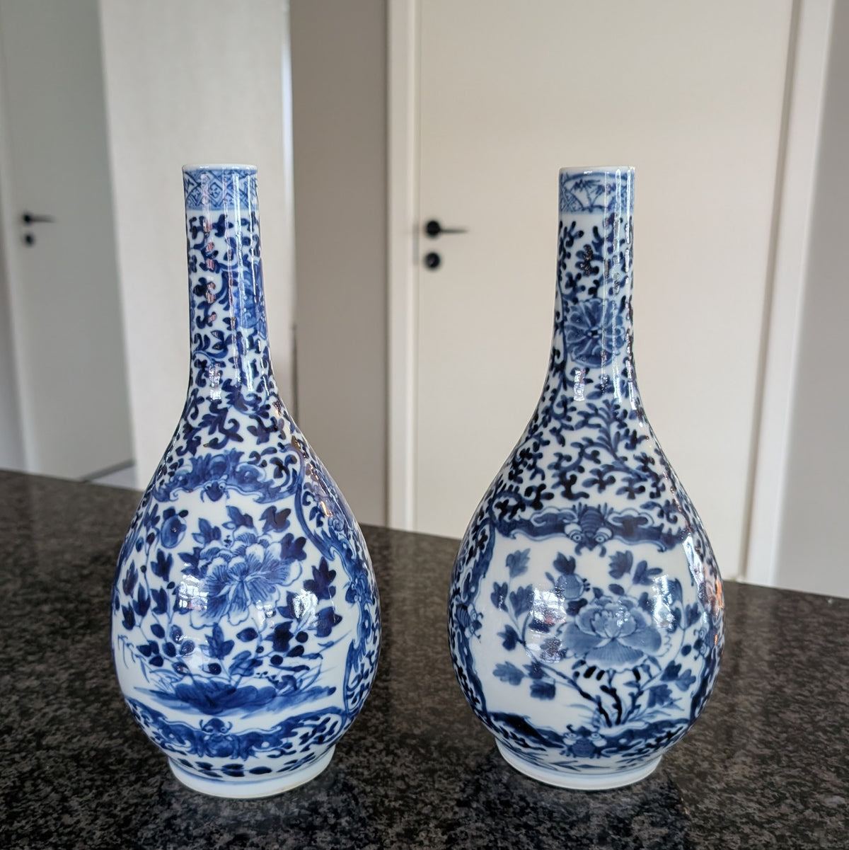 Chinese antique pair of underglazed blue and white bottle vases, Late Qing #3077, 3078