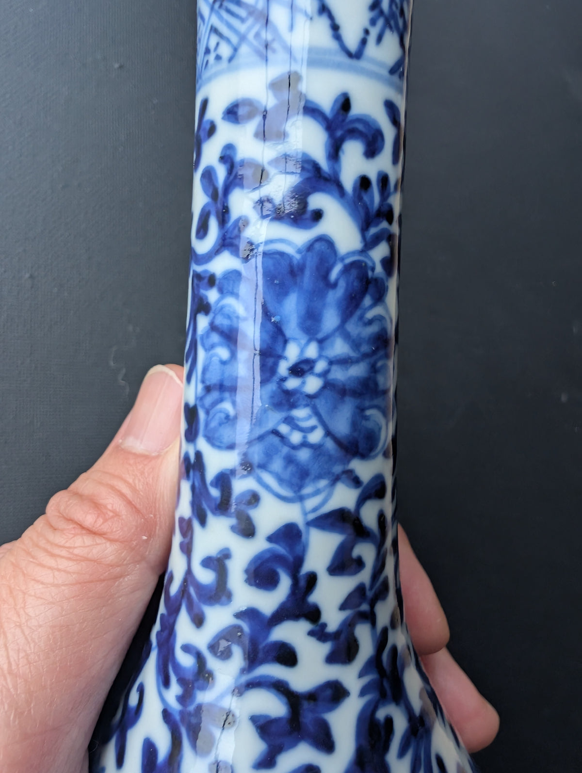 Chinese antique pair of underglazed blue and white bottle vases, Late Qing #3077, 3078