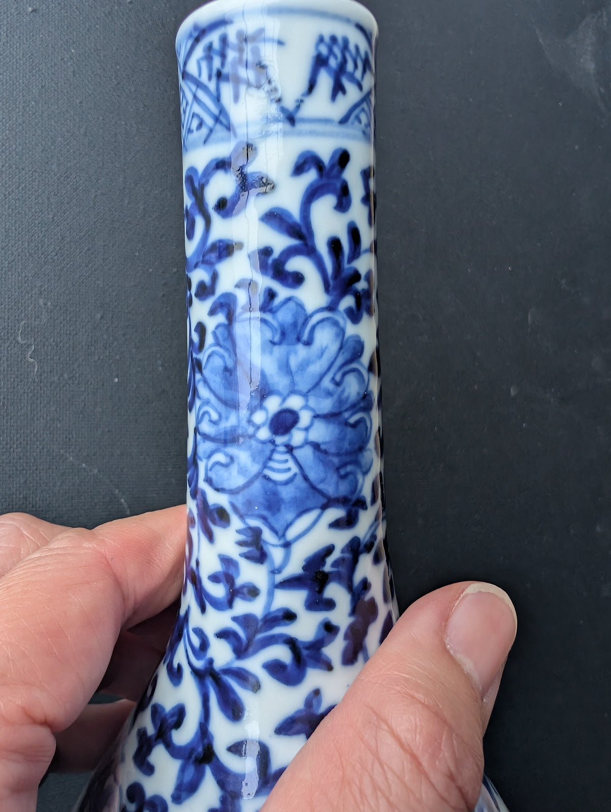 Chinese antique pair of underglazed blue and white bottle vases, Late Qing #3077, 3078