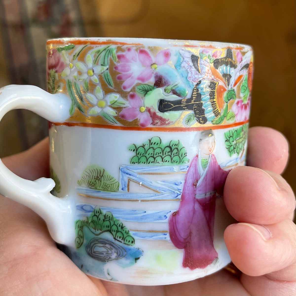 Antique Chinese rose mandarin punch cup, Qing Dynasty Mid 19th c #787