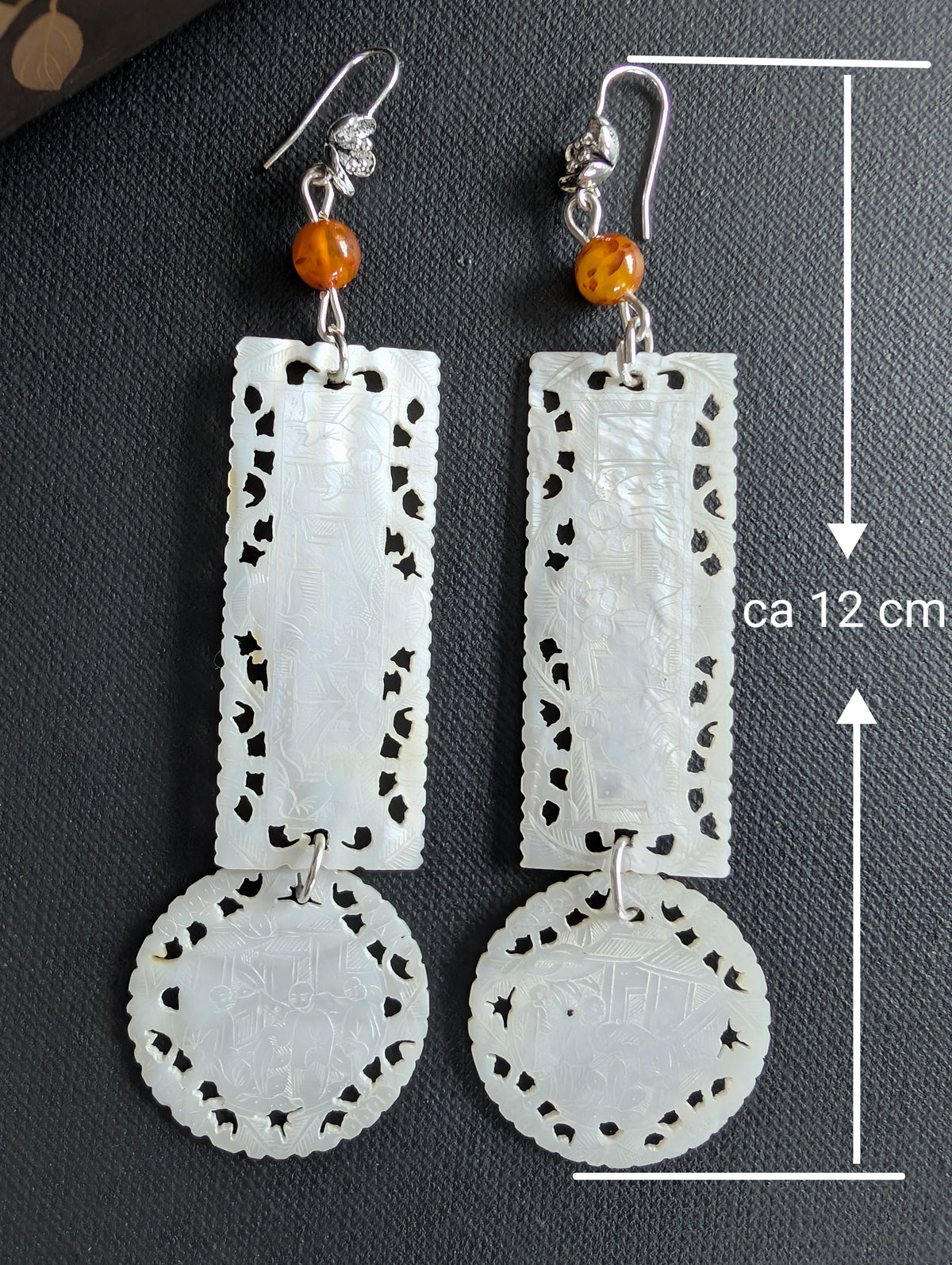 Unique design earrings with antique Chinese mother of pearl gaming counters chips tokens #2989