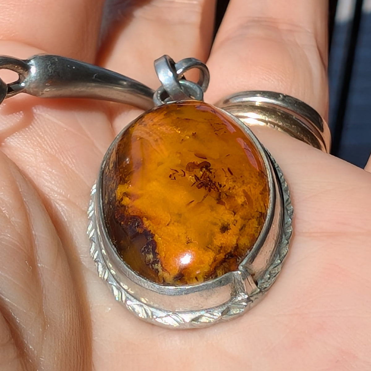 Unique Scandinavian design pewter necklace with Baltic amber #2950