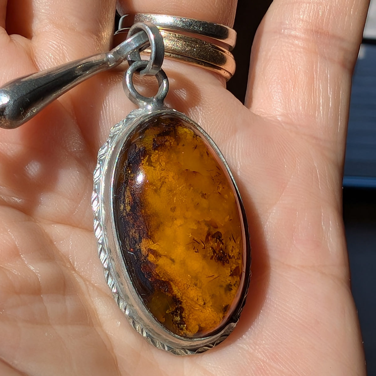 Unique Scandinavian design pewter necklace with Baltic amber #2950