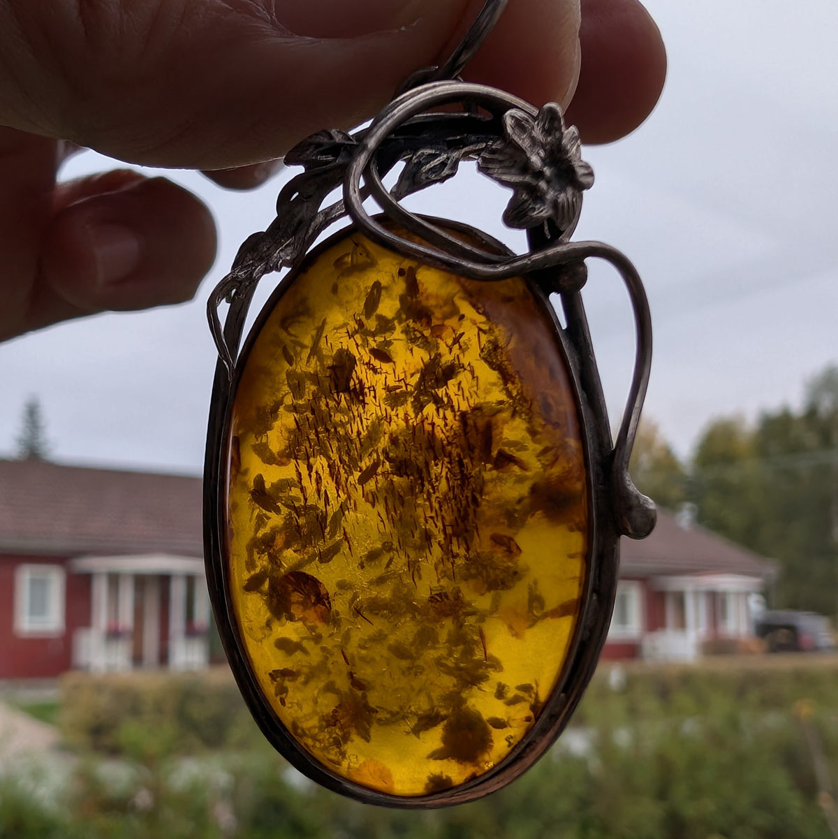 Vintage natural amber pendant Polish design sterling silver #3059